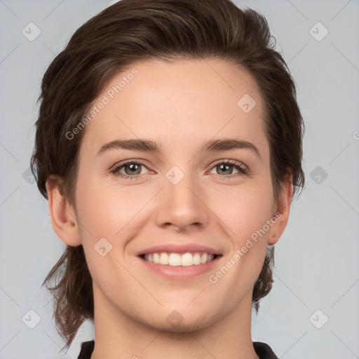 Joyful white young-adult female with medium  brown hair and brown eyes