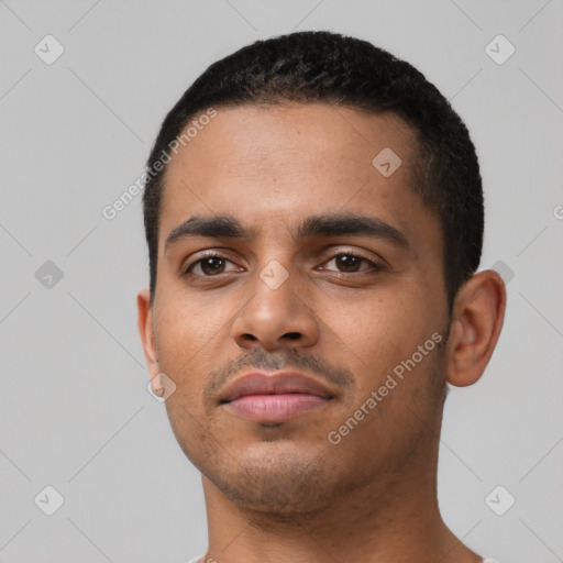 Neutral latino young-adult male with short  black hair and brown eyes