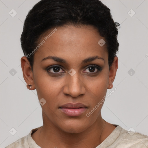 Joyful latino young-adult female with short  brown hair and brown eyes