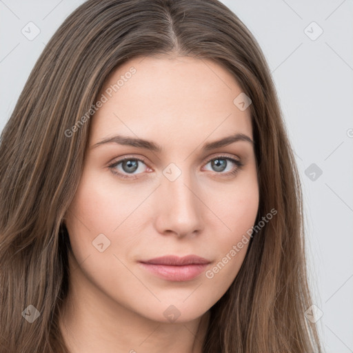 Neutral white young-adult female with long  brown hair and grey eyes