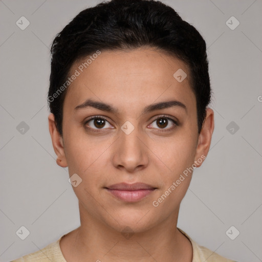 Neutral white young-adult female with short  brown hair and brown eyes