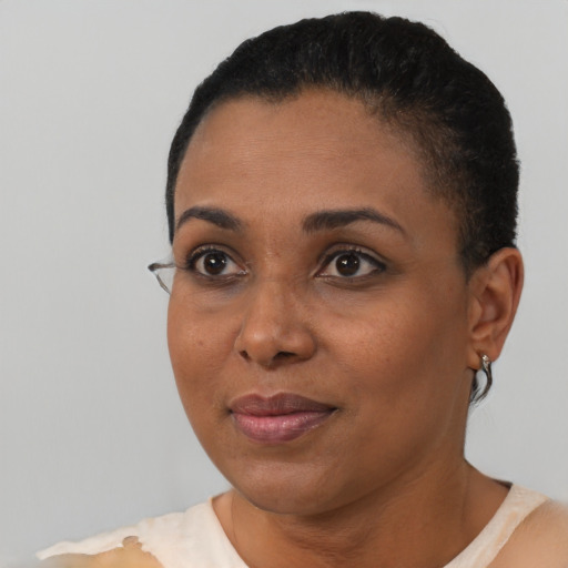 Joyful black young-adult female with short  black hair and brown eyes