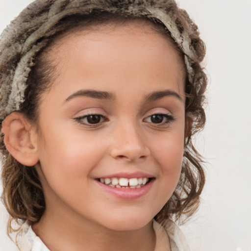 Joyful white child female with medium  brown hair and brown eyes