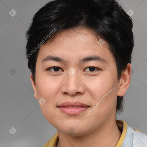 Joyful asian young-adult female with short  brown hair and brown eyes