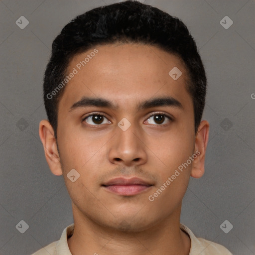 Neutral latino young-adult male with short  black hair and brown eyes