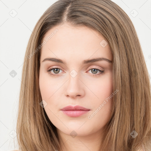 Neutral white young-adult female with long  brown hair and brown eyes