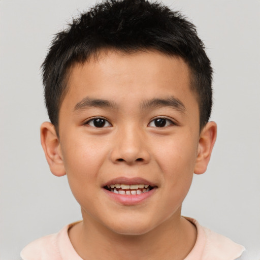 Joyful asian child male with short  brown hair and brown eyes
