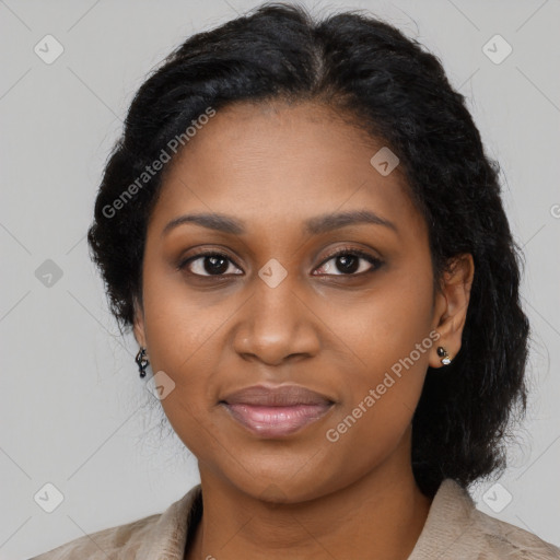 Joyful black young-adult female with medium  black hair and brown eyes