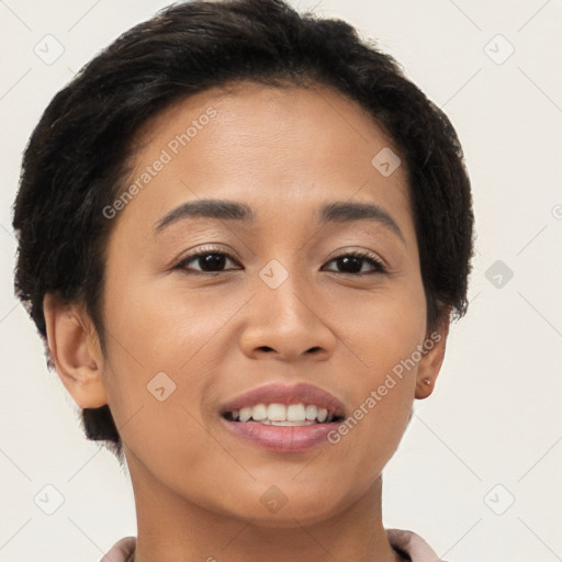 Joyful asian young-adult female with short  brown hair and brown eyes