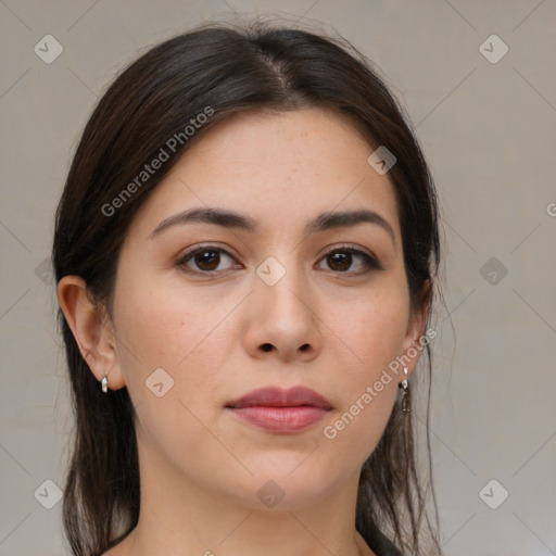 Neutral white young-adult female with medium  brown hair and brown eyes