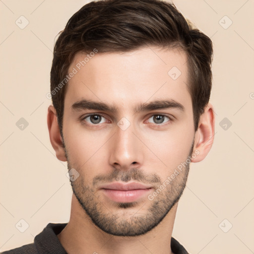 Neutral white young-adult male with short  brown hair and brown eyes