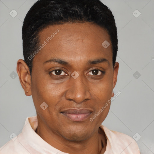 Joyful black young-adult male with short  black hair and brown eyes