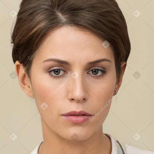 Neutral white young-adult female with short  brown hair and brown eyes