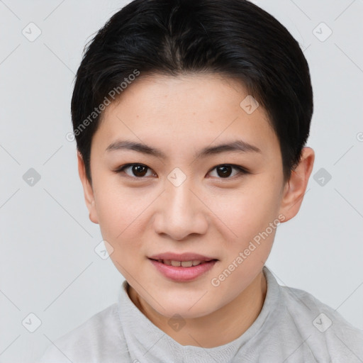 Joyful asian young-adult female with short  brown hair and brown eyes