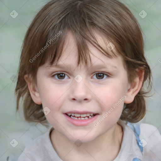 Joyful white child female with medium  brown hair and brown eyes