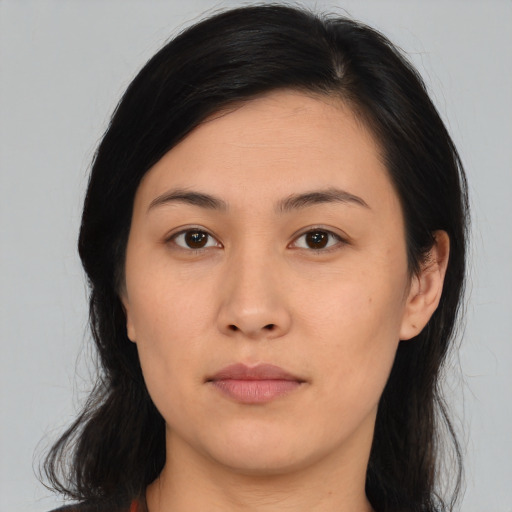 Neutral asian young-adult female with medium  black hair and brown eyes