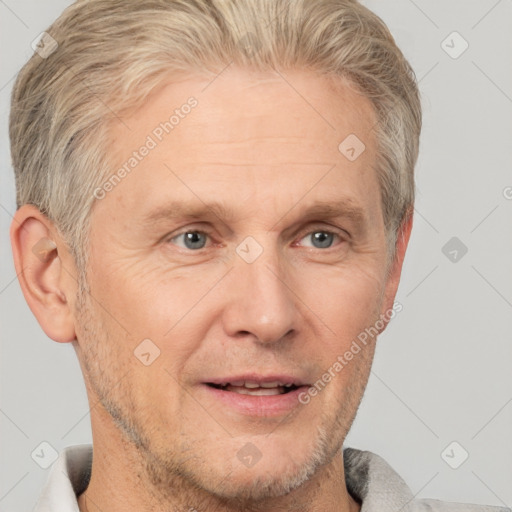 Neutral white middle-aged male with short  brown hair and brown eyes