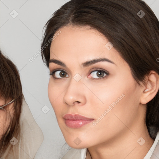 Neutral white young-adult female with medium  brown hair and brown eyes