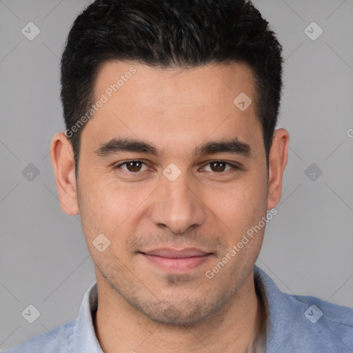 Joyful white young-adult male with short  black hair and brown eyes