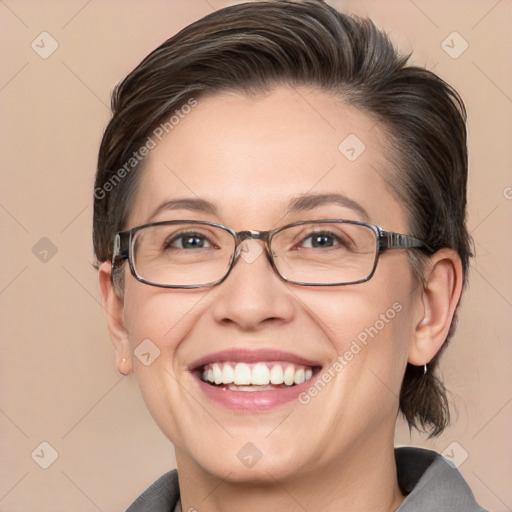 Joyful white adult female with medium  brown hair and grey eyes