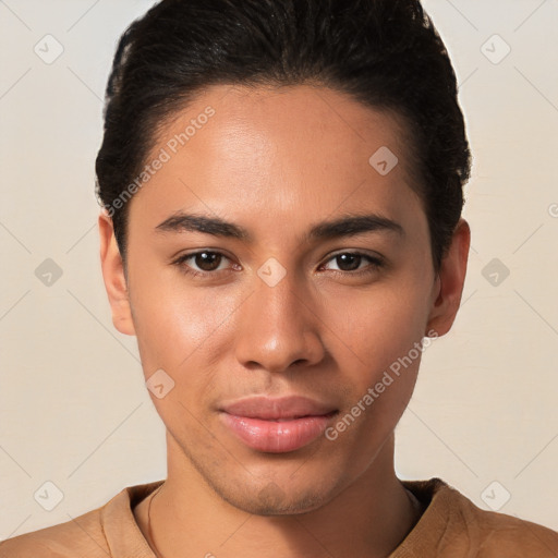 Joyful latino young-adult female with short  brown hair and brown eyes