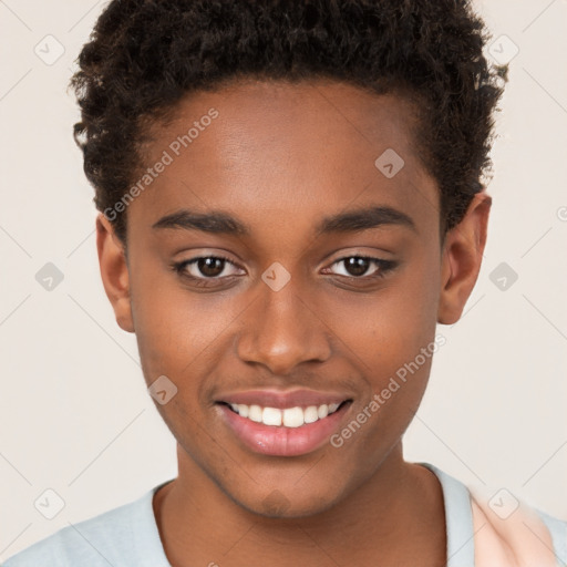 Joyful black young-adult male with short  brown hair and brown eyes