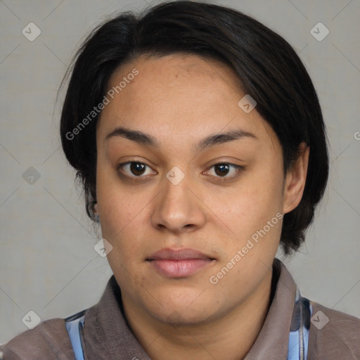 Neutral asian young-adult female with medium  black hair and brown eyes