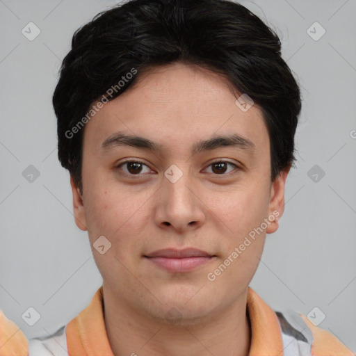 Neutral asian young-adult male with short  brown hair and brown eyes