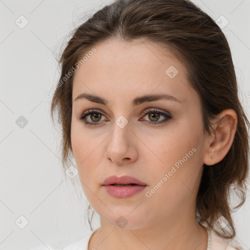 Neutral white young-adult female with medium  brown hair and brown eyes