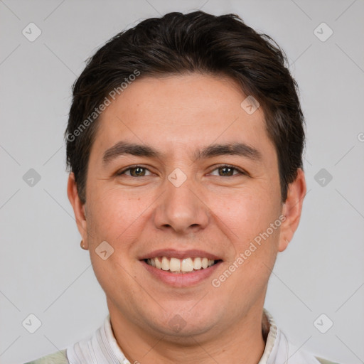 Joyful white young-adult male with short  brown hair and brown eyes