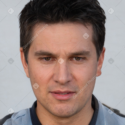 Neutral white adult male with short  brown hair and brown eyes