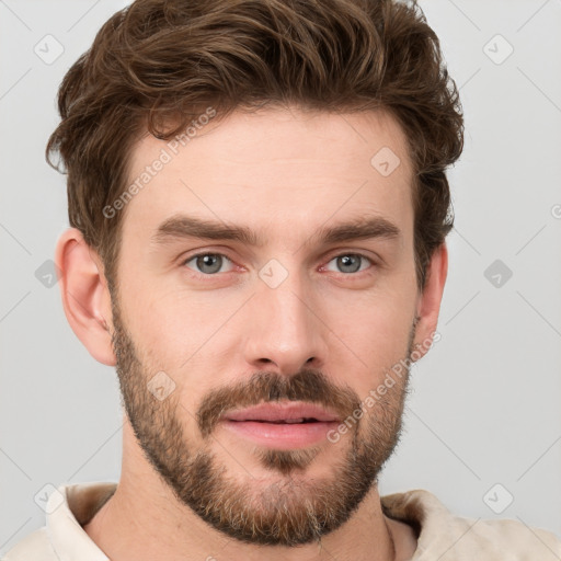 Neutral white young-adult male with short  brown hair and grey eyes