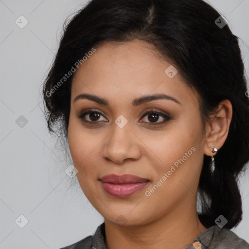 Joyful latino young-adult female with medium  brown hair and brown eyes