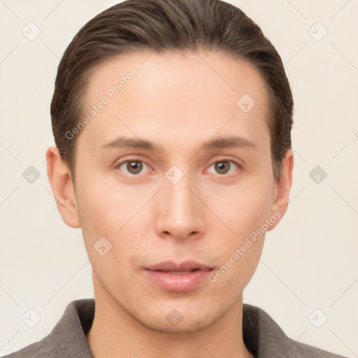 Neutral white young-adult male with short  brown hair and brown eyes