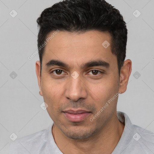 Neutral white young-adult male with short  black hair and brown eyes