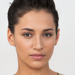 Neutral white young-adult female with short  brown hair and brown eyes