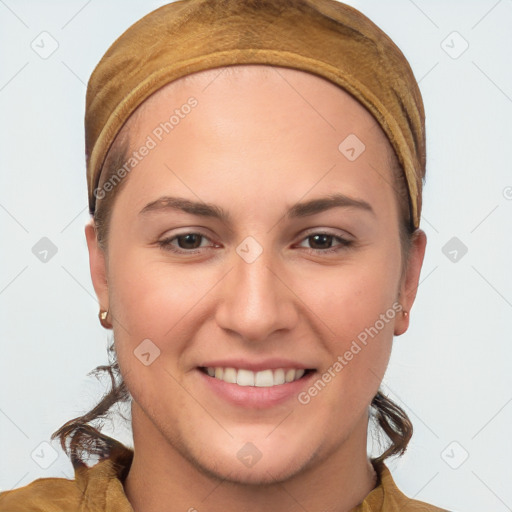 Joyful white young-adult female with short  brown hair and brown eyes