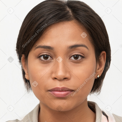 Joyful white young-adult female with medium  brown hair and brown eyes