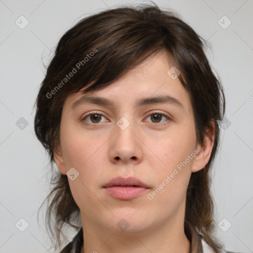 Neutral white young-adult female with medium  brown hair and brown eyes