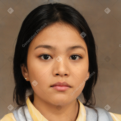 Neutral asian young-adult female with medium  brown hair and brown eyes