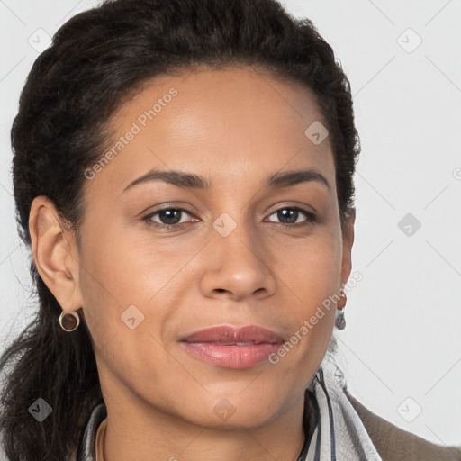 Joyful latino young-adult female with long  brown hair and brown eyes