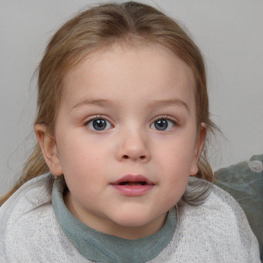 Neutral white child female with medium  brown hair and blue eyes