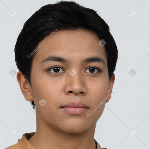 Neutral asian young-adult male with short  black hair and brown eyes