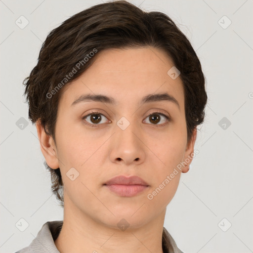 Neutral white young-adult female with short  brown hair and brown eyes