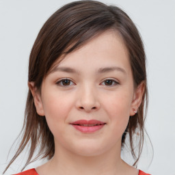 Joyful white child female with medium  brown hair and brown eyes