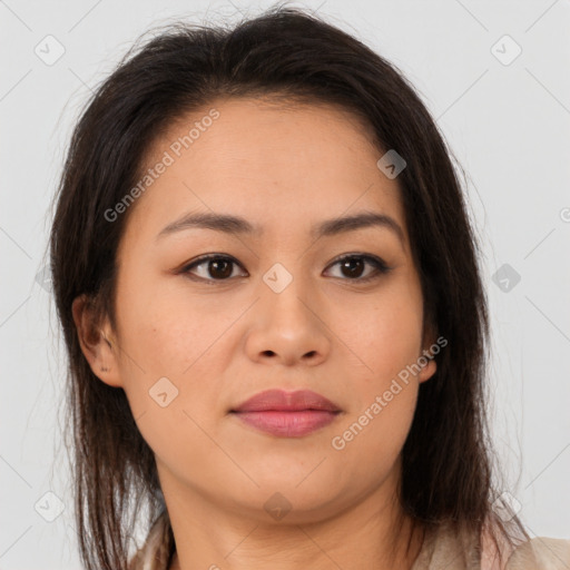 Joyful asian young-adult female with long  brown hair and brown eyes