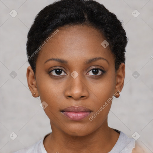 Neutral black young-adult female with short  black hair and brown eyes