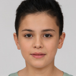 Joyful white child female with short  brown hair and brown eyes