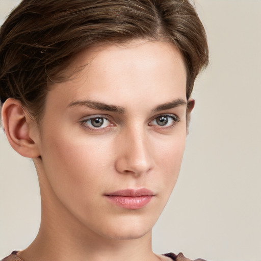 Neutral white young-adult female with short  brown hair and brown eyes