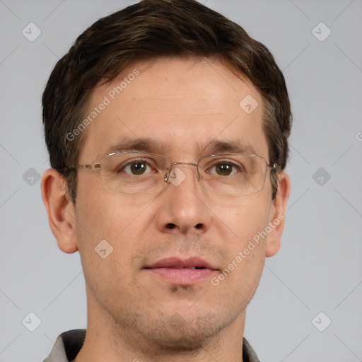 Joyful white adult male with short  brown hair and brown eyes